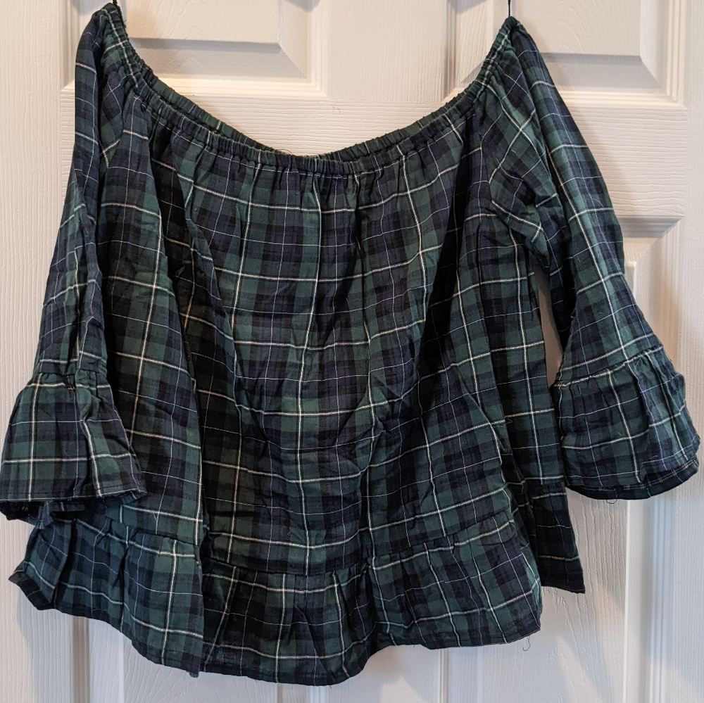BB Dakota Plaid Off the Shoulder Ruffle Top